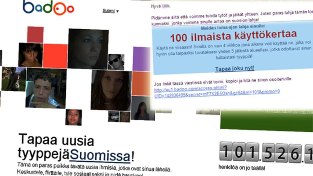 Badoo mainostaa palveluaan myös sähköpostitse. Mtv Oy.