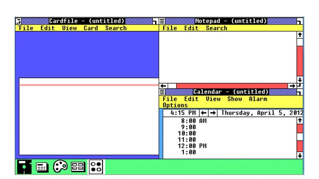 Vuonna 1985 julkistettu Windows 1 -käyttöjärjestelmä näyttää nykysilmin katsottuna melko karulta. Kuvakaappaus Building Windows 8 -sivulta.