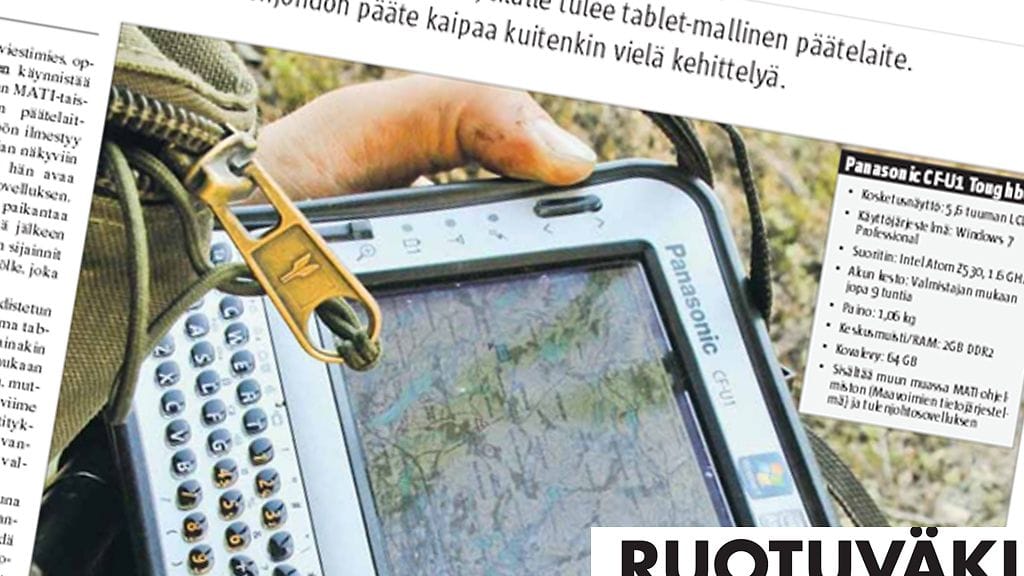 MATI-taistelujohtojärjestelmän päätelaitteena toimii Panasonicin valmistama Toughbook-tabletti. Kuvakaappaus Ruotuväki-lehdestä.