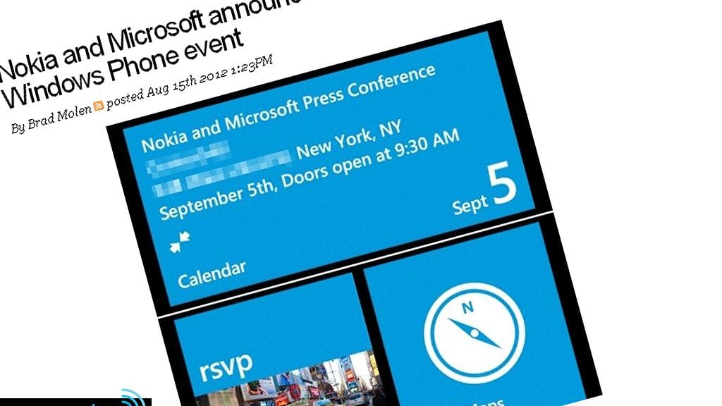 Kutsu Nokian ja Microsoftin tiedotustilaisuuteen New Yorkissa 5.9. Kuvakaappaus Engadgetin sivuilta.