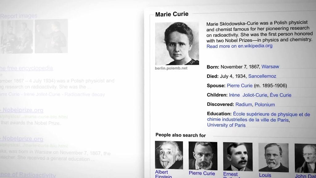 Googlen Knowledge Graph -ominaisuus. Kuvakaappaus Googlen YouTube -videosta.