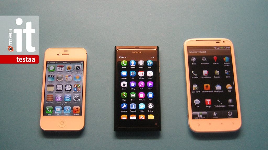 Apple iPhone 4S, Nokia N9 ja HTC Sensation XL Kuva: Jari Heikkilä