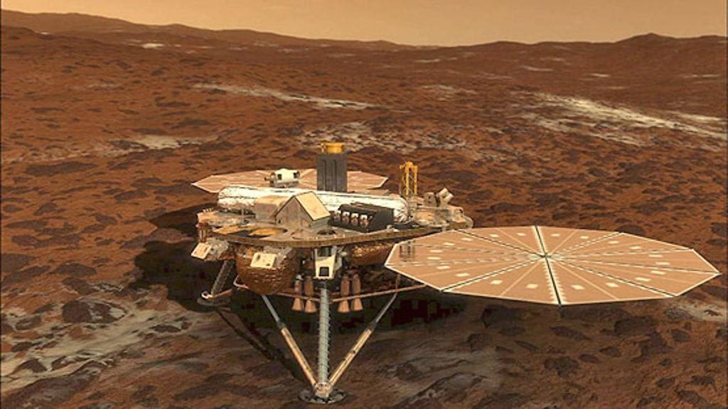 Tutkijat halauvat välttää mikrobien päätymisen avaruuden ympäristöihin. Kuvassa taiteilijan näkemys Phoenix-luotaimen laskeutumisesta Marsiin 25.5.2008 (Kuva: Nasa)