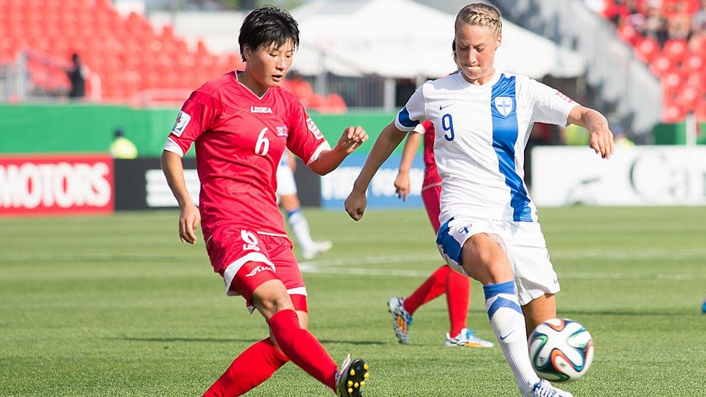 Juliette Kemppi osui kahdesti Kanadaa vastaan. Kuva Pohjois-Korea-ottelusta.