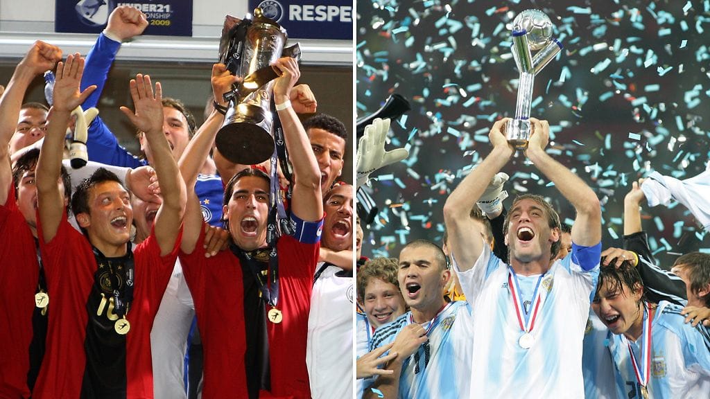 Mesut Özil ja Sami Khedira juhlivat U21-EM-kultaa vuonna 2009. Pablo Zabaleta kipparoi Argentiinan U20-MM-kultaan 2005.