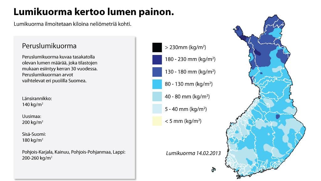 Valtion ympäristöhallinnon grafiikka valaisee, että lumikuorma oli ystävänpäivänä raskain Pohjois-Suomessa.