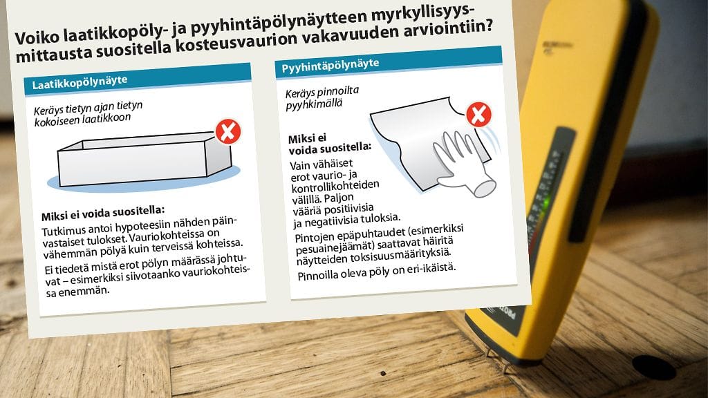 Parketin kosteuden mittausta puunkosteusmittarilla. Mitatulla kohdalla mittarin vihreä valo ilmaisee kuivaa.