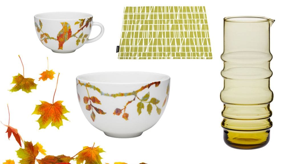 Arabia 24 h Iltalaulu kuppi ja kulho, Finlayson tabletti Coronna Pomelo, Marimekko Sukat makkaralla kannu vihreä