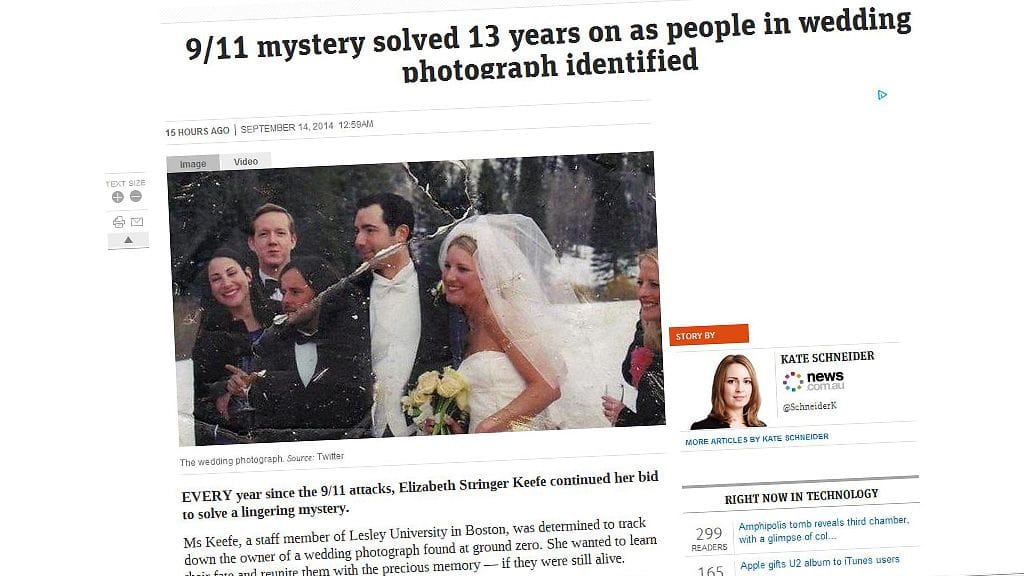 Kuvakaappaus hääkuvasta australialaiselta News.com-sivustolta.