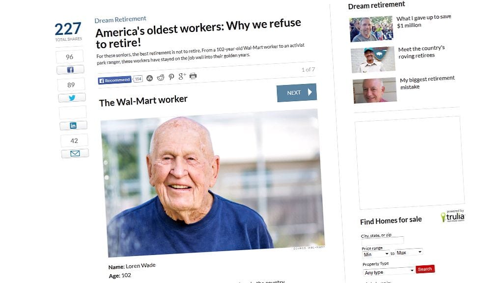 102-vuotias Loren Wade työskentelee yhä Wal-Martissa. Kuvakaappaus CNN Money -sivustolta 1. lokakuuta 2014.