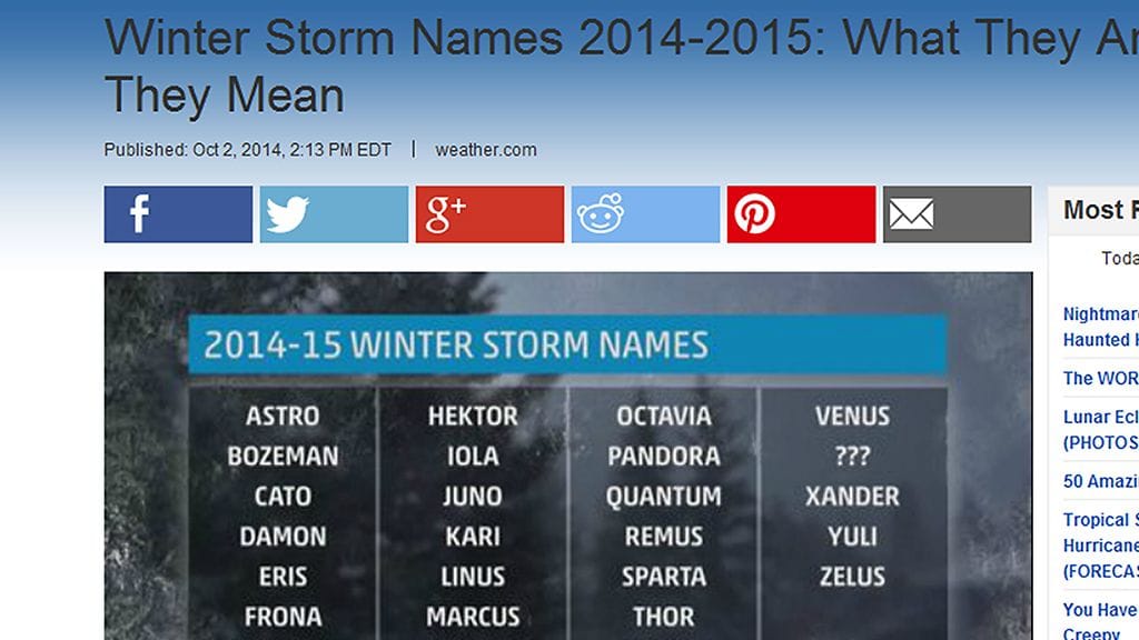 Yhdysvalloissa nimettiin syksyllä talven tulevat myrskyt. Joukossa on suomalainen Kari. Kuvakaappaus Weather Channelin sivuilta.