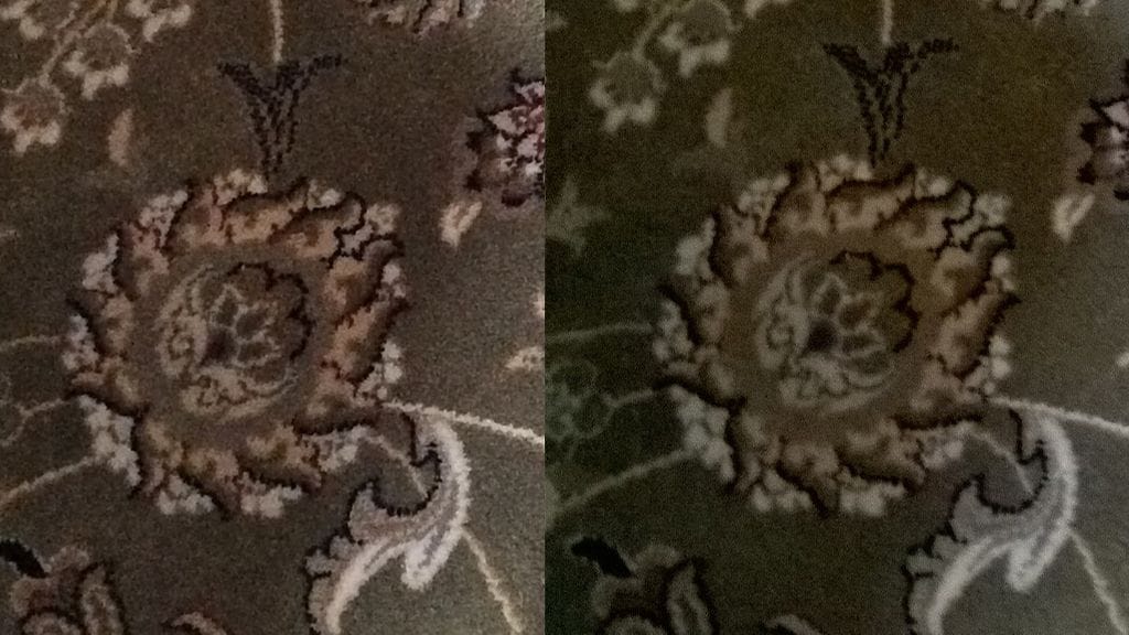 Vasemmalla iPhone 5S:n etukameralla kuvattu yksityiskohta, oikealla Lumia 735:n etukameralla kuvattu yksityiskohta