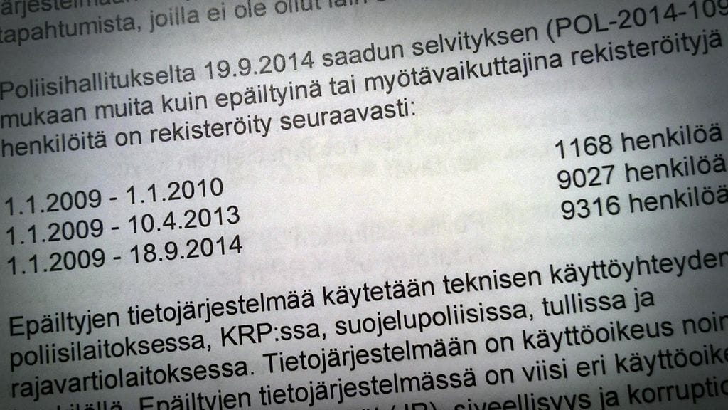 Tutkinnassa selvisi, että epäiltyjen rekisteriin oli talletettu tietoja tuhansista sivullisista.