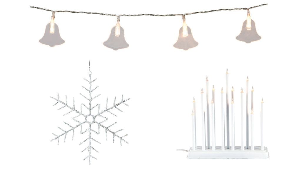 LED Lumitähti ja paristokäyttöinen LED-valoketju, Airam sekä kynttelikkö, Jotex