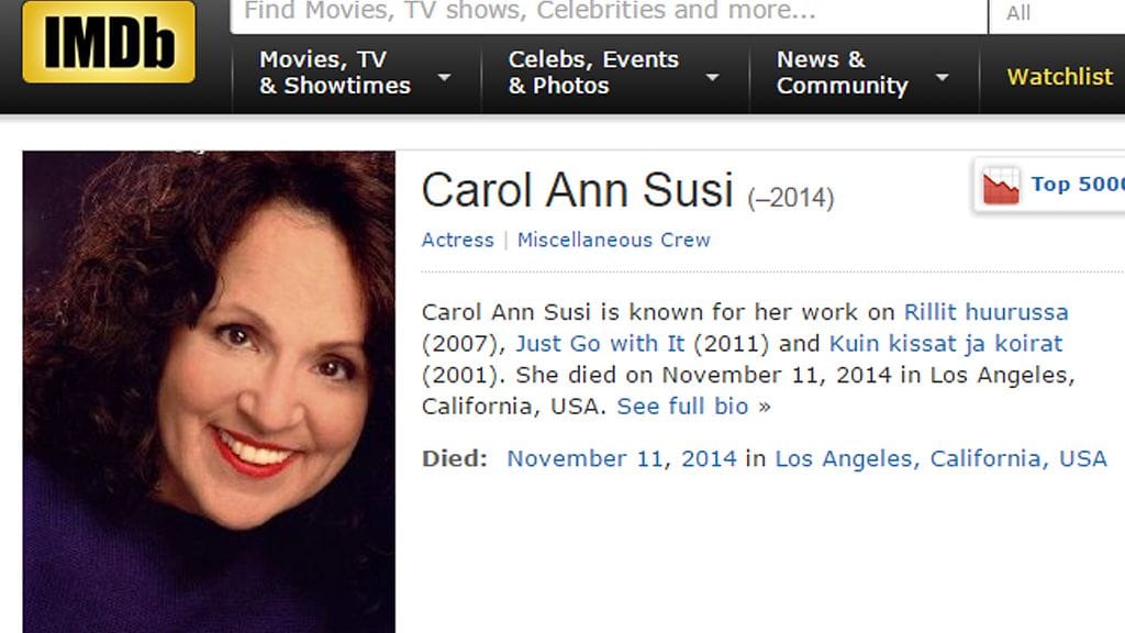 Näyttelijä Carol Ann Susi on kuollut. Kuvakaappaus imdb.com-sivustolta.