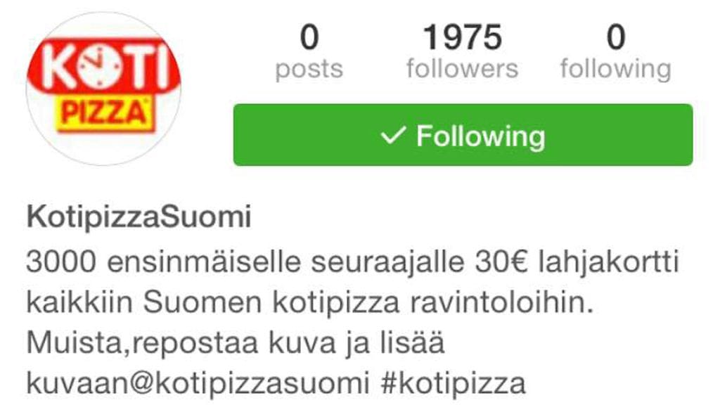 Kotipizza on tehnyt rikosilmoituksen Instagram-tileistä, joissa luvattiin lahjakortteja pizzaravintoloihin.