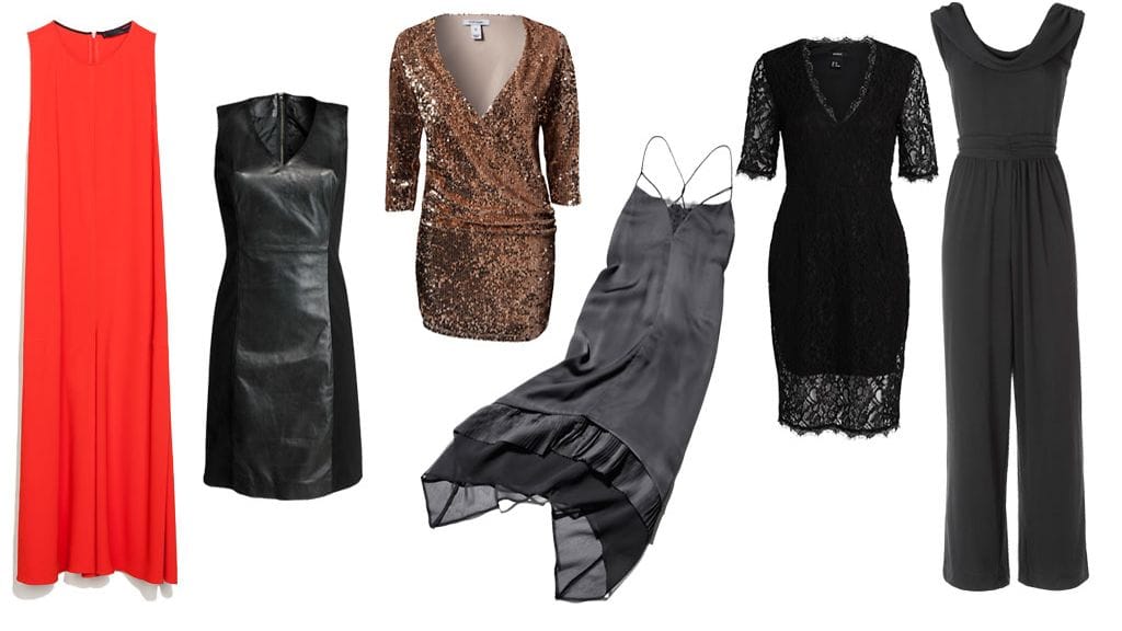 Mekkoja moneen menoon. Vasemmalla Zara Studio, 79,95 e , nahkamekko Andiata, 349 e, kimallemekko Nelly.com, 54,95 e, slip-mekko H&M, 34,95 e, pitsimekko Lindex, 49,95 e, haalari H&M, 39,95 e.