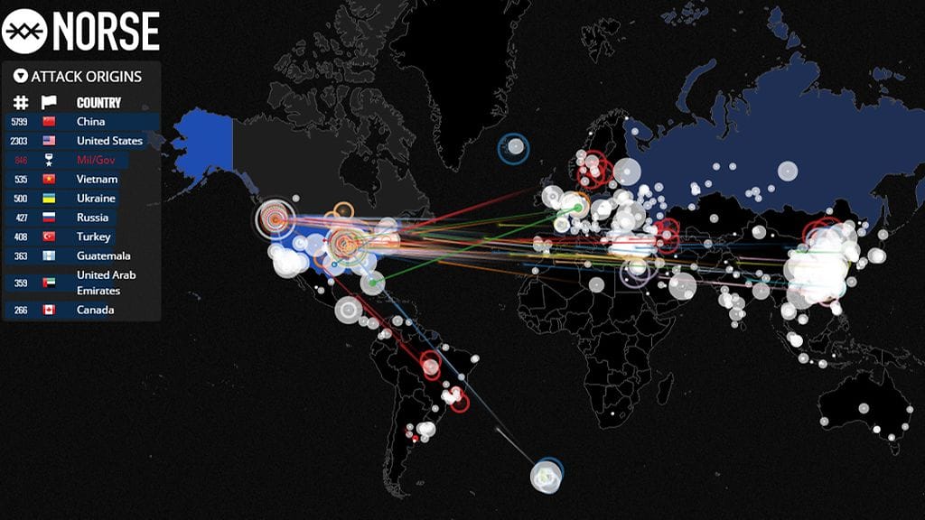 Kuvakaappaus Norsen reaaliakaisesta verkkohyökkäyskartasta.