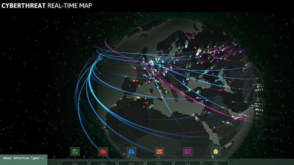 Tietoturvayhtiö Kaspersky Labin reaaliaikainen verkkohyökkäyskartta