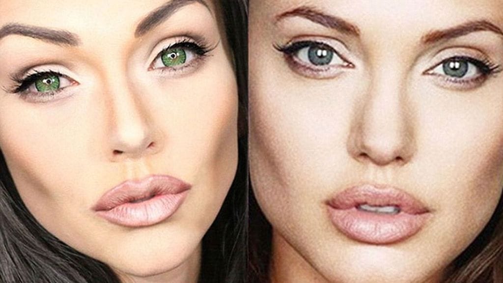Meikkitaiteilija osaa meikata itsensä Angelina Jolien kaksoisolennoksi. (Kuvakaappaus Instagramista: @kandeejohnson)