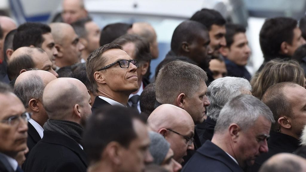 Suomen pääministeri Alexander Stubb marssilla - Pariisiin, Ranskaan kokoontui yli miljoona ihmistä sunnuntaina 11. tammikuuta 2015 Charlie Hebdo -lehden terrori-iskun uhreja kunnioittavaan kansalaismarssiin ja vastustamaan terrorismia.
