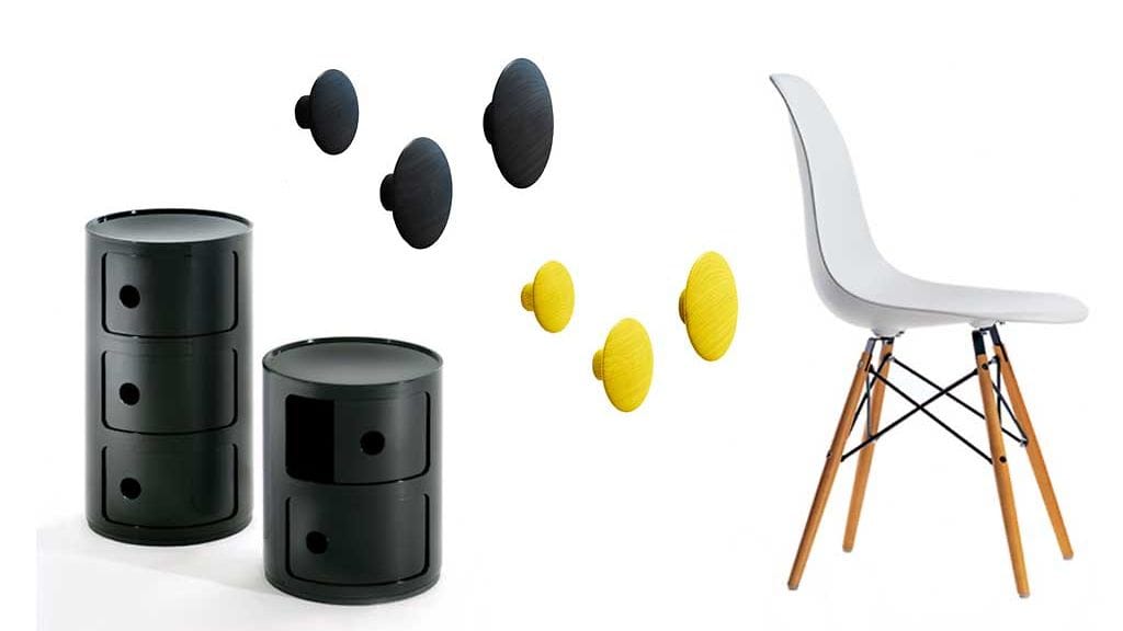 Kartellin Componibili-säilytyskaluste, Muuton The Dots -ripustimet ja Vitran DSW-tuoli (kuvat: Vepsäläinen & Finnish Design Shop)