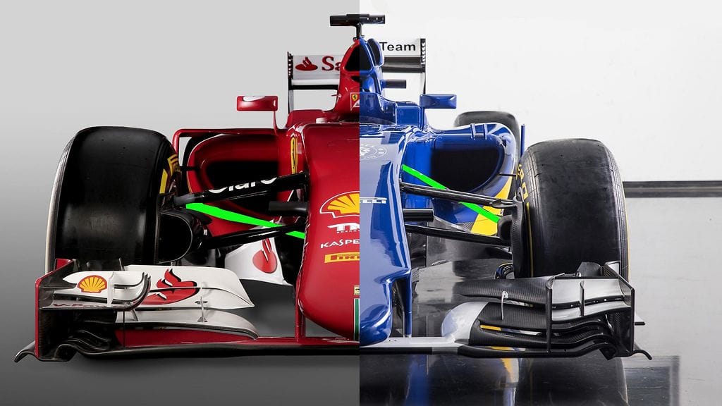 Kuvassa vihreällä Ferrarin vetotankojousitus ja Sauberin työntötankojousitus.