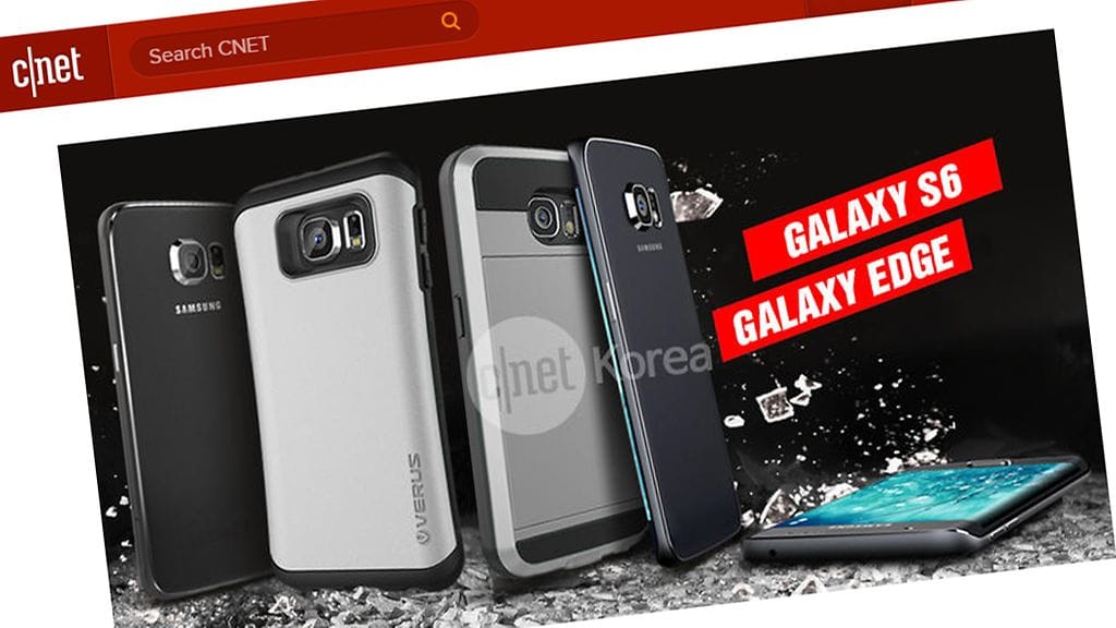 Samsung Galaxy S6:n väitetty vuotokuva. Kuvan oikeassa reunassa näkyy versio, jonka näyttö kaartuu puhelimen sivuille. Kuvakaappaus CNetin sivuilta.