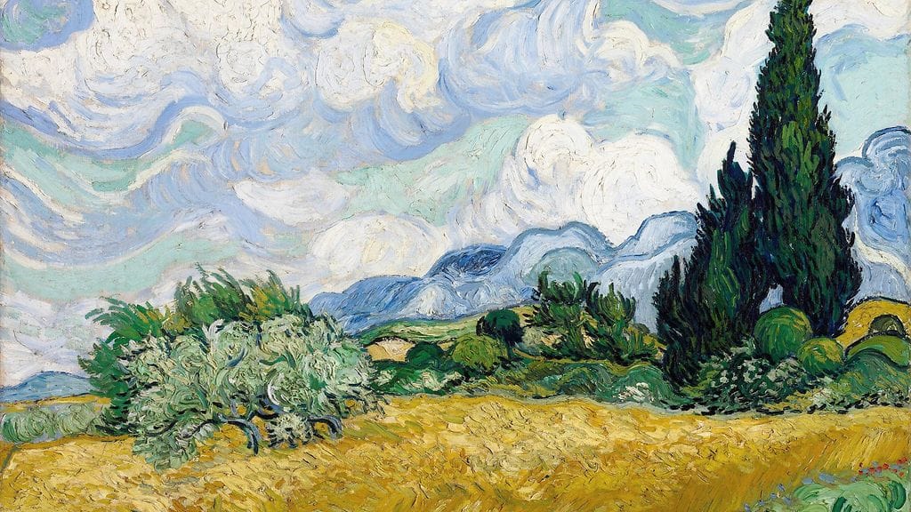 Vincent van Goghin teos Viljapelto ja sypressejä.