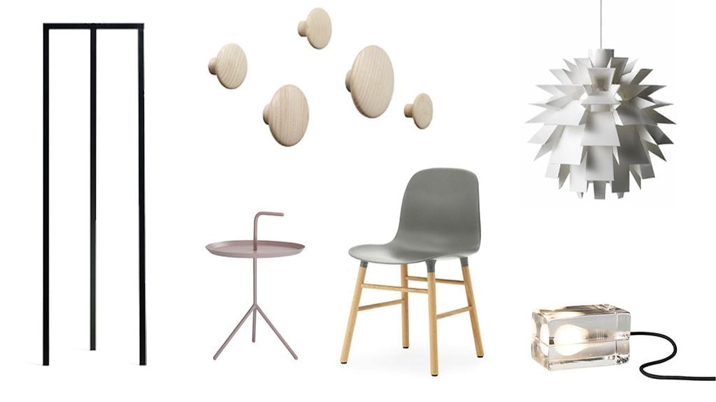 Metallinen Loop-naulakko ja DLM-pöytä, Hay. The Dots-naulakko, Muuto. Norm 69-valaisin on suunniteltu vuonna 1969, se kootaan 69:stä kappaleesta ja Form-tuoli, Normann Copenhagen. Harri Koskisen Block-pöytävalaisin, Design House Stockholm.