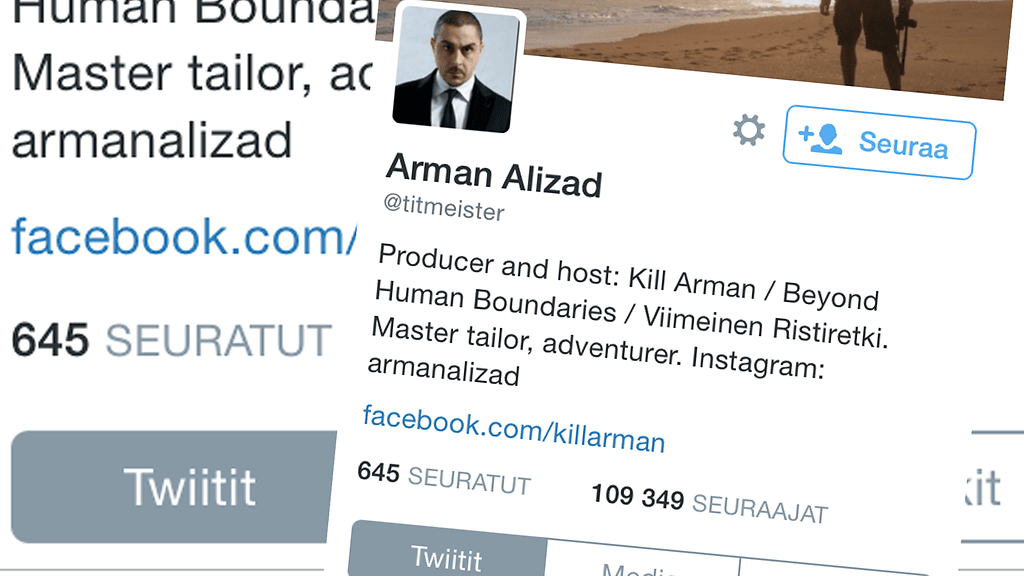 Arman Alizad on yksi Suomen seuratuimmista twiittaajista. Kuva on ruutukaappaus hänen Twitter-sivultaan.