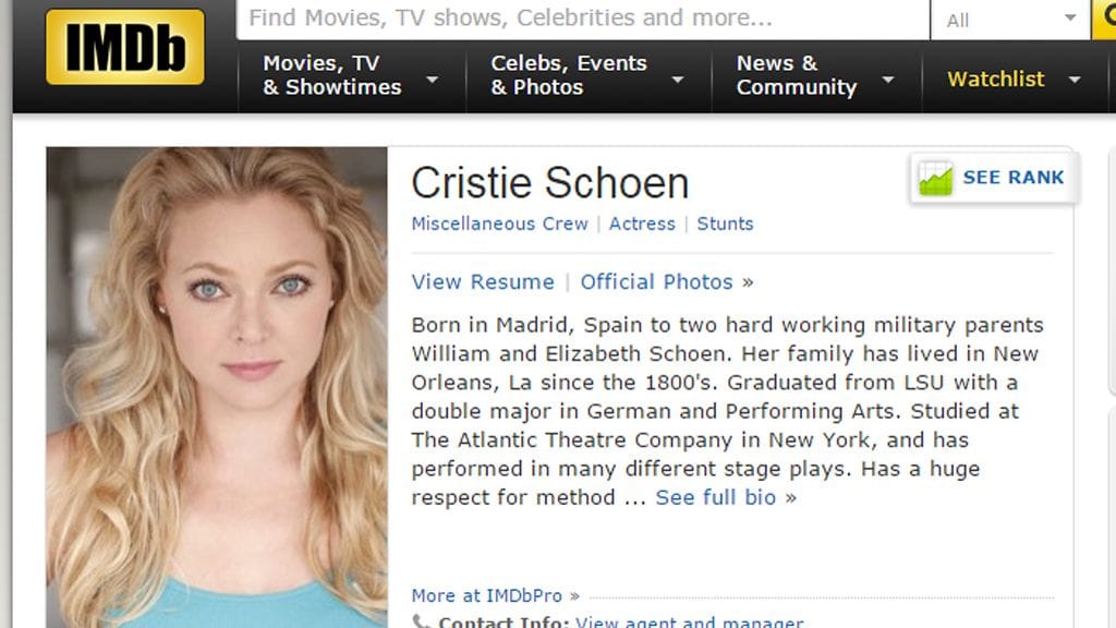 Tv-tähti Cristie Schoen on murhattu. Kuvakaappaus IMDb: http://www.imdb.com/name/nm1911116/