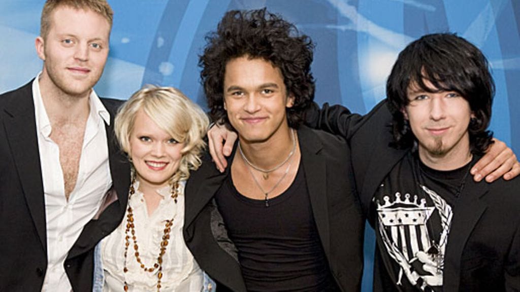 Vuoden 2008 Idols-kilpailun finalistinelikko: Koop Arponen, Anna Puustjärvi, Pete Parkkonen ja Kalle Löfström.
