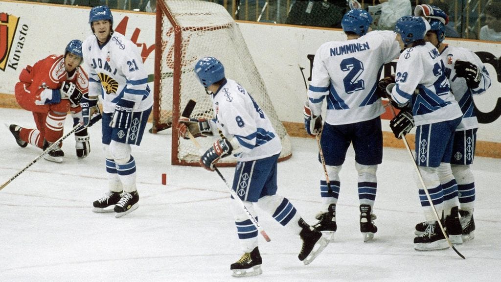 Christian Ruuttu, Teemu Selänne, Teppo Numminen, Jyrki Lumme 1991
