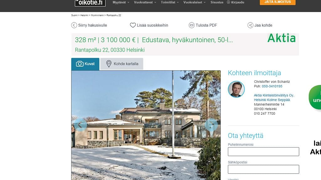 Elisabetin omistavan omakotitalon myynti-ilmoitus. Kuvakaappaus Oikotie.fi-sivustolta.