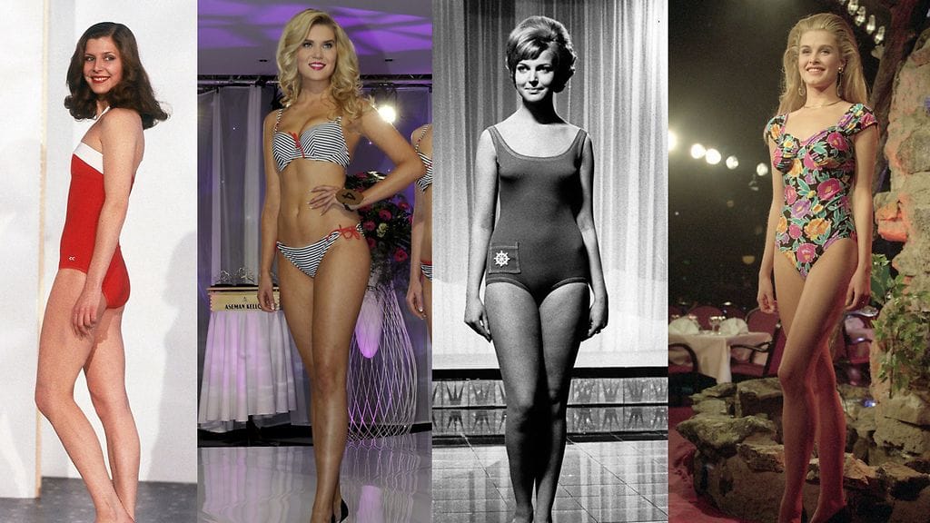 Suomalaisen kauneusihanteen muutos: missejä vuosilta 1979, 2014, 1965 ja 1993.