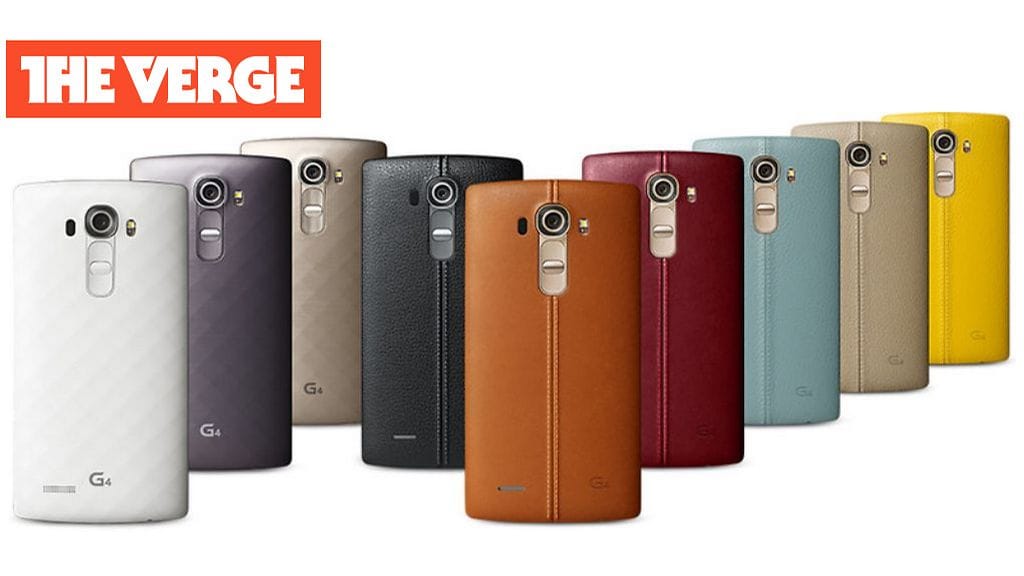 Vuodettu kuva LG G4 -puhelimesta. Aitoa nahkaa oleva takakuori antaa tyylikkään vaikutelman, mutta tämä tulee luultavasti näkymään myös laitteen hinnassa. Kuvakaappaus The Verge -sivustolta