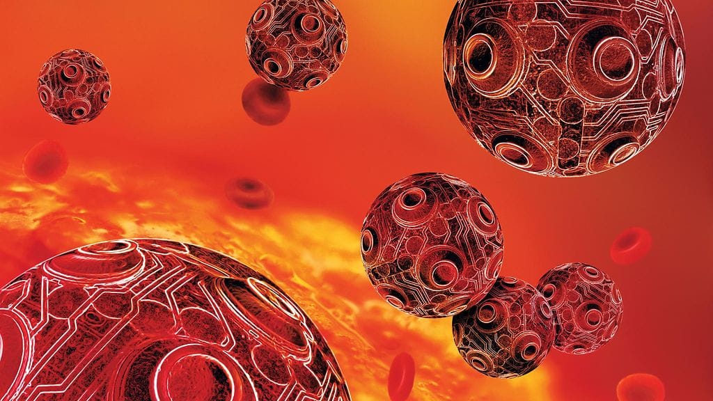 Taiteilijan näkemys nanoroboteista verisuonessa.