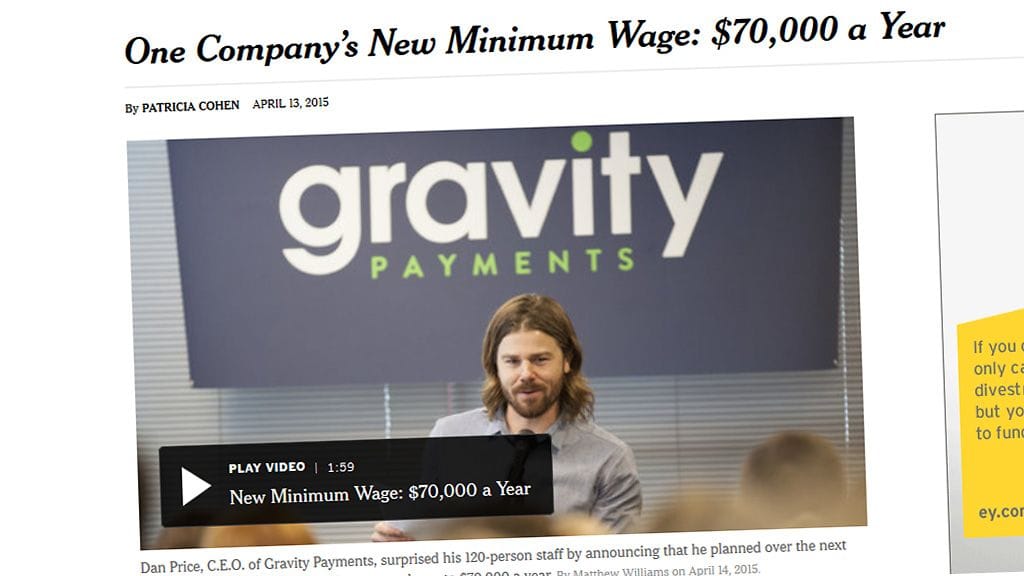 Gravity Paymentsin toimitusjohtaja Dan Price asetti yhtiöönsä 70 000 dollarin minimipalkan ja leikkasi rajusti omaa palkkaansa. Kuvakaappaus NY Timesista.
