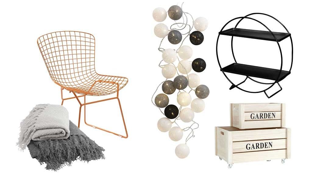 Viltit, tuoli ja valot, Jotex, yrttiteline, Luhta Home, Garden-laatikot, Ellos