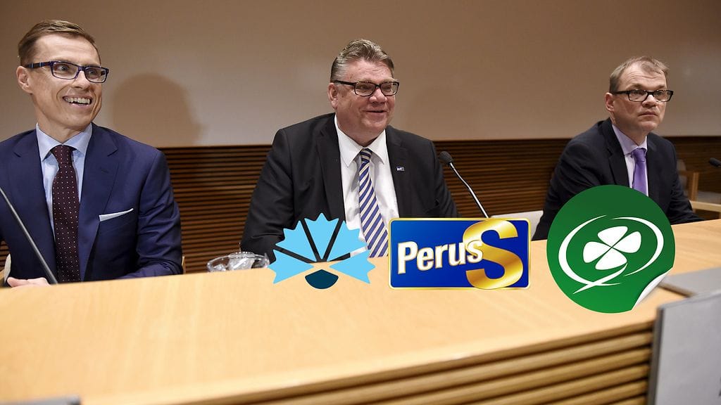 Hallituspuolueiden puheenjohtajat Alexander Stubb (kok.), Timo Soini (ps.) ja Juha Sipilä (kesk.)