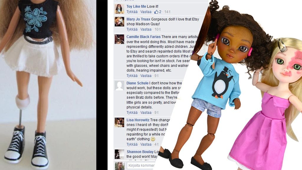 Kuvakaappaus Toy Like Me -Facebook-ryhmästä sekä osoitteesta mymakie.com.