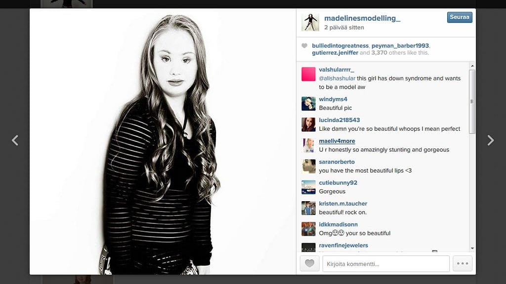 Madeline viihtyy kameran edessä. Kuvakaappaus Madelinen Instagram-tililtä.