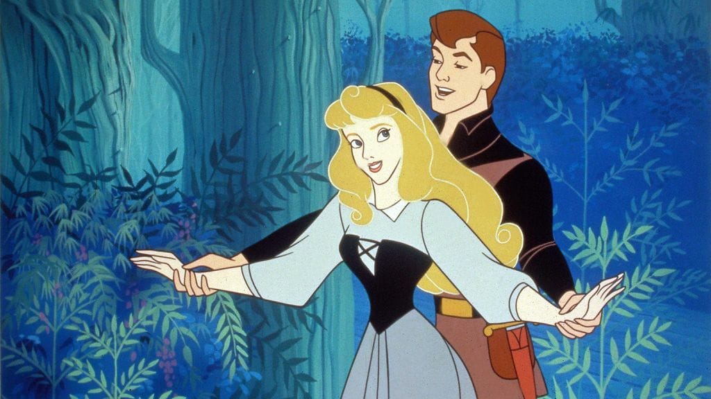 "Oi, tapaisinpa minäkin tuntemattoman ratsumiehen metsäpolulla!" Kuva elokuvasta Prinsessa Ruusunen (1959).