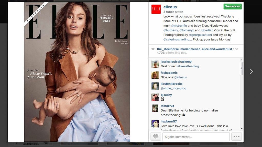 Kaunis kansikuva on kerännyt ihastunutta palautetta. Kuvakaappaus Elle Australian Instagram-tililtä.