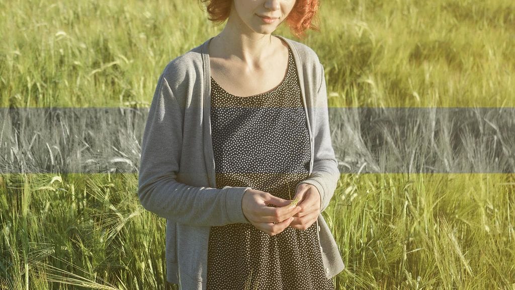 Ahdistus-kuvituskuva, nainen ja harmaa viiva