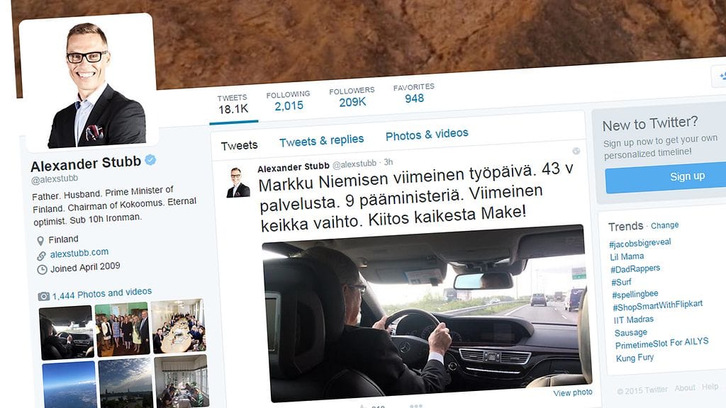 Alexander Stubb kiitti luottokuskia Twitterissä.