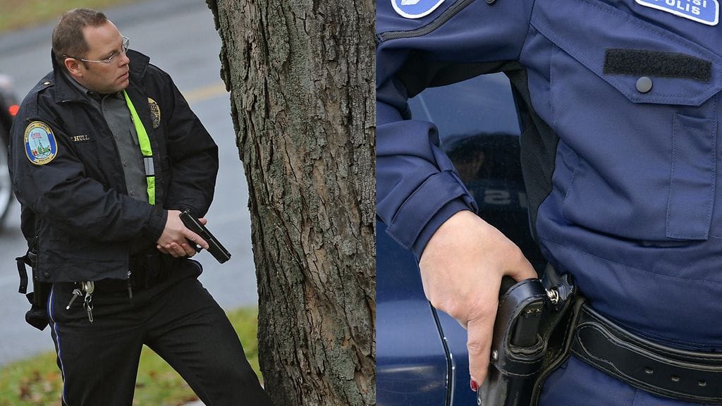Jenkkipoliisien aseenkäytössä on huima ero muihin maihin, kuten Suomeen, paljastuu Guardianin tilastosta. Vasemmalla poliisi kirkon piiritystilanteessa Yhdysvalloissa Newtownissa 16. joulukuuta 2012. Oikealla kuvituskuva Suomen poliisista.