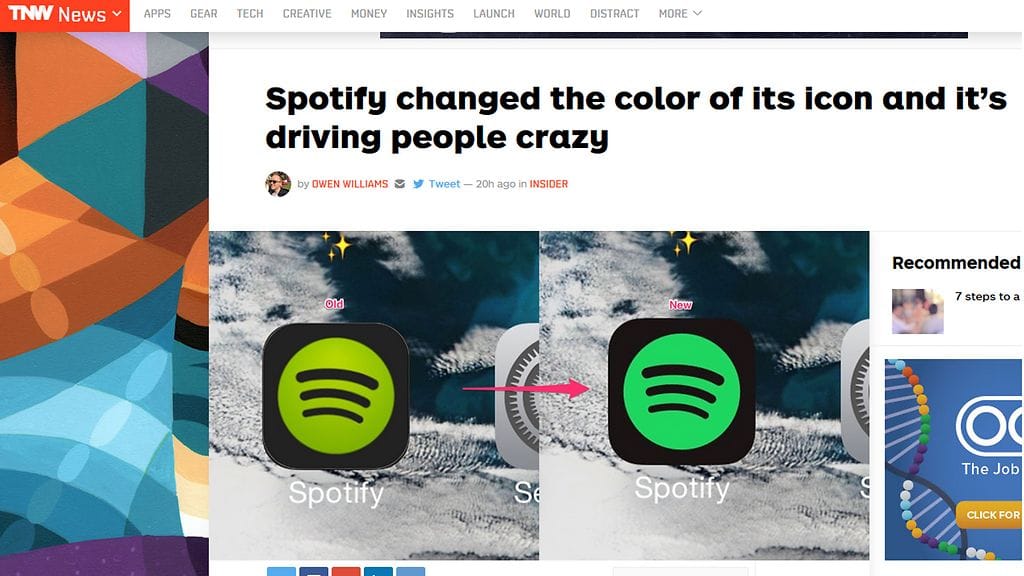 Spotify muutti kuvakkeensa väriä. Kuvakaappaus The next web -sivustolta.