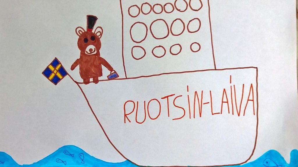 Yli 5 000 ruotsalaista on ilmoittautunut vapaaehtoisiksi kertomaan Ruotsista puhelimitse. Kuvassa ruotsinlaiva kuusivuotiaan Vernan piirtämänä.
